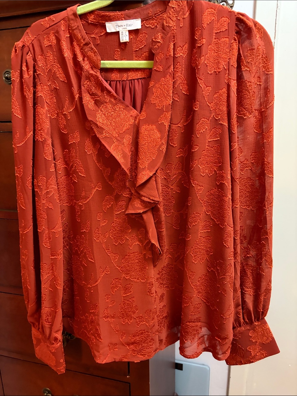 Women's Red Ruffle V-Neck Blouse